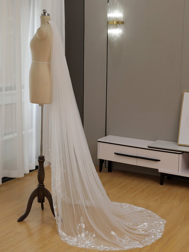 Simple Floral Lace Chapel Train Veil Bridal Veil Wedding Veil - KissProm