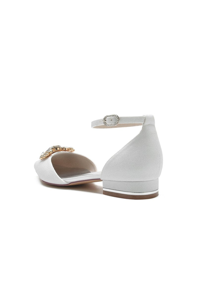 Simple Glitter Pointed Toe Ankle Strap Low Heels with Rhinestone - KissProm