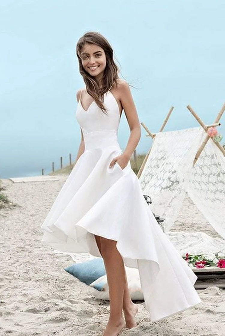 Simple High-low Spaghetti Straps Beach Wedding Dress With Ruching
