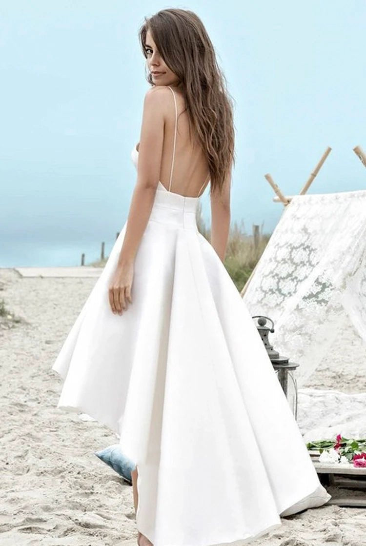 Simple High-low Spaghetti Straps Beach Wedding Dress With Ruching