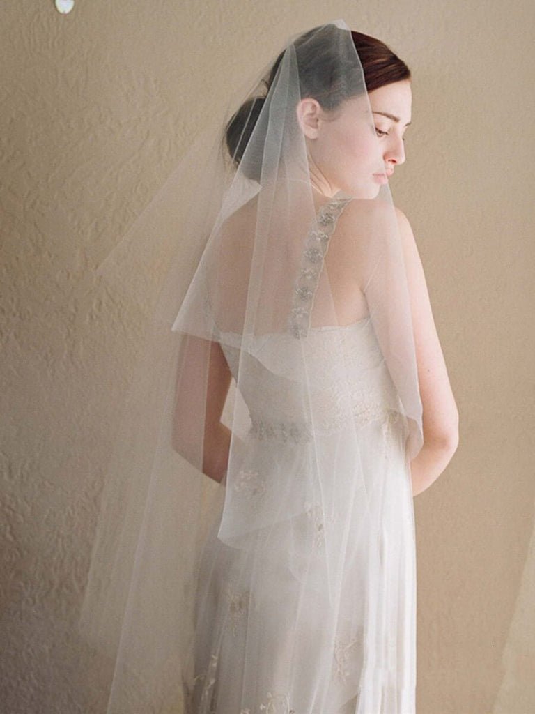 Simple Ivory Tulle Drop Veil Crystal Comb Wedding Veils - KissProm