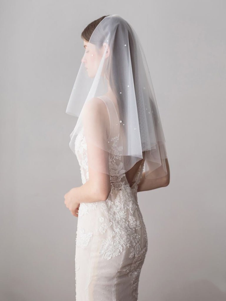 Simple Ivory Tulle Wedding Veil Waist Length with Pearls
