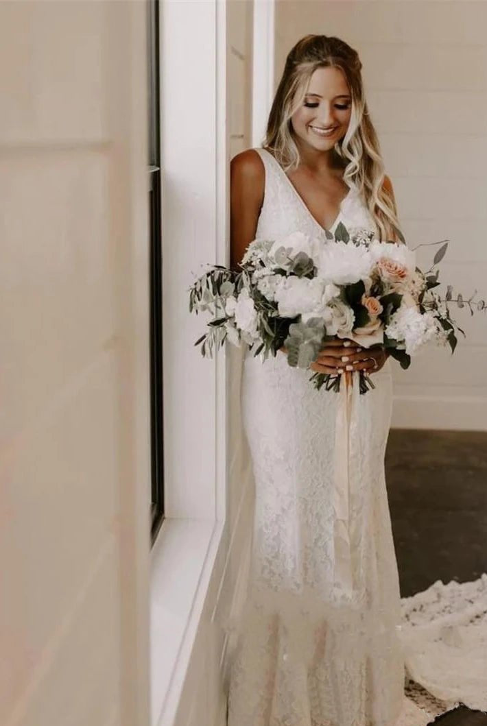 Simple Lace Sleeveless Deep-V Back Bridal Gown with Sweep Train