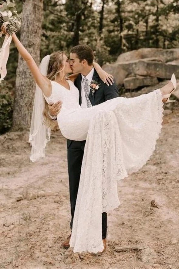 Simple Lace Sleeveless Deep-V Back Bridal Gown with Sweep Train