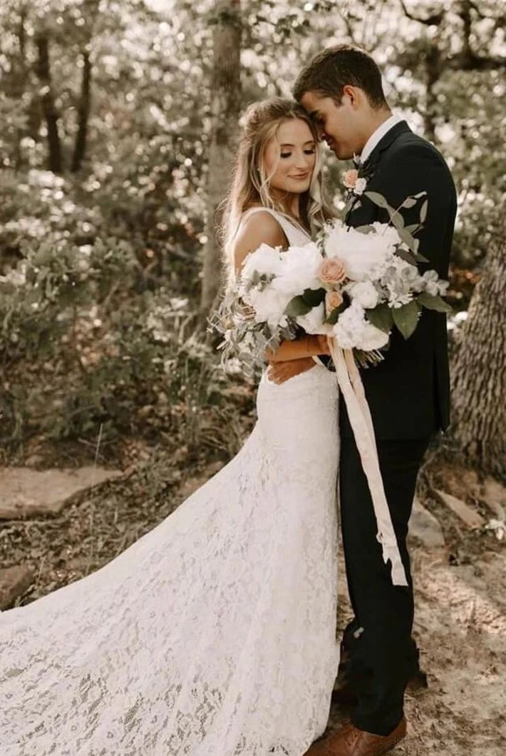 Simple Lace Sleeveless Deep-V Back Bridal Gown with Sweep Train