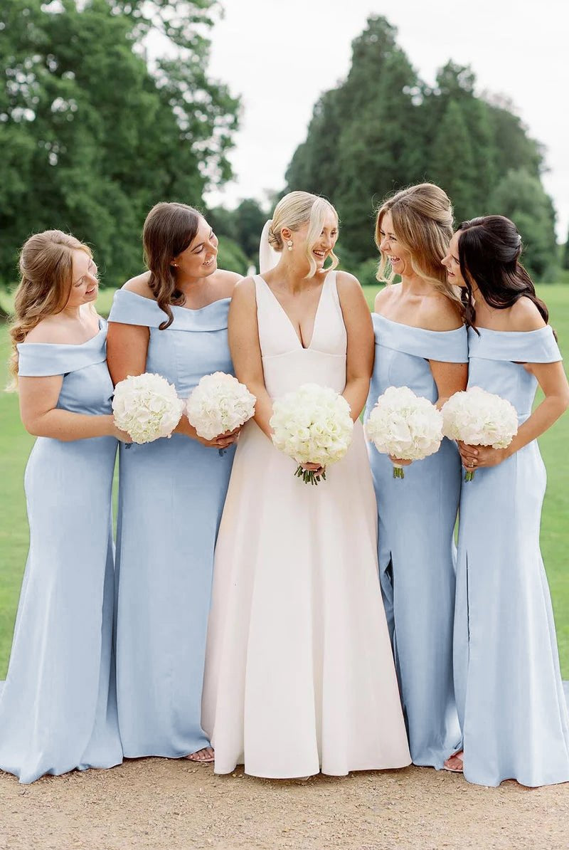 Simple Mermaid Off the Shoulder Light Pink Long Bridesmaid Dresses