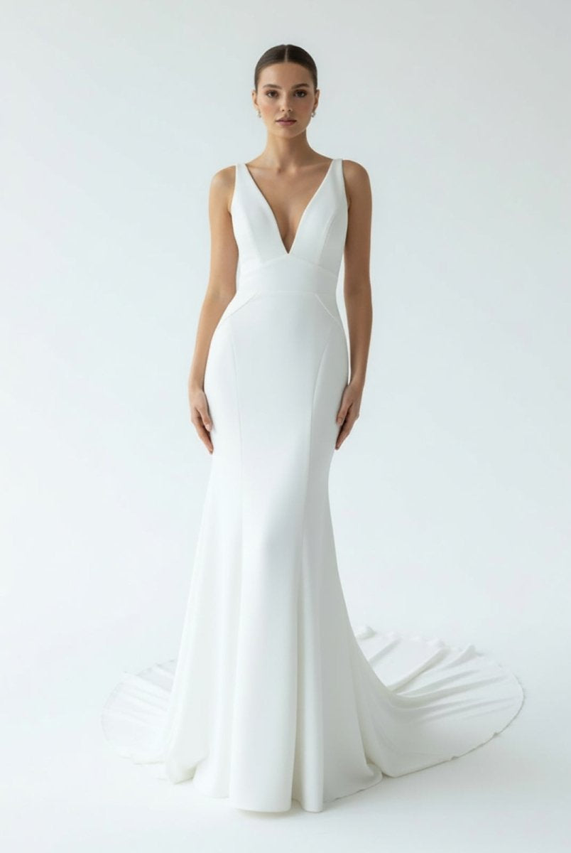 Simple Mermaid V Neck Satin White Wedding Dresses - KissProm