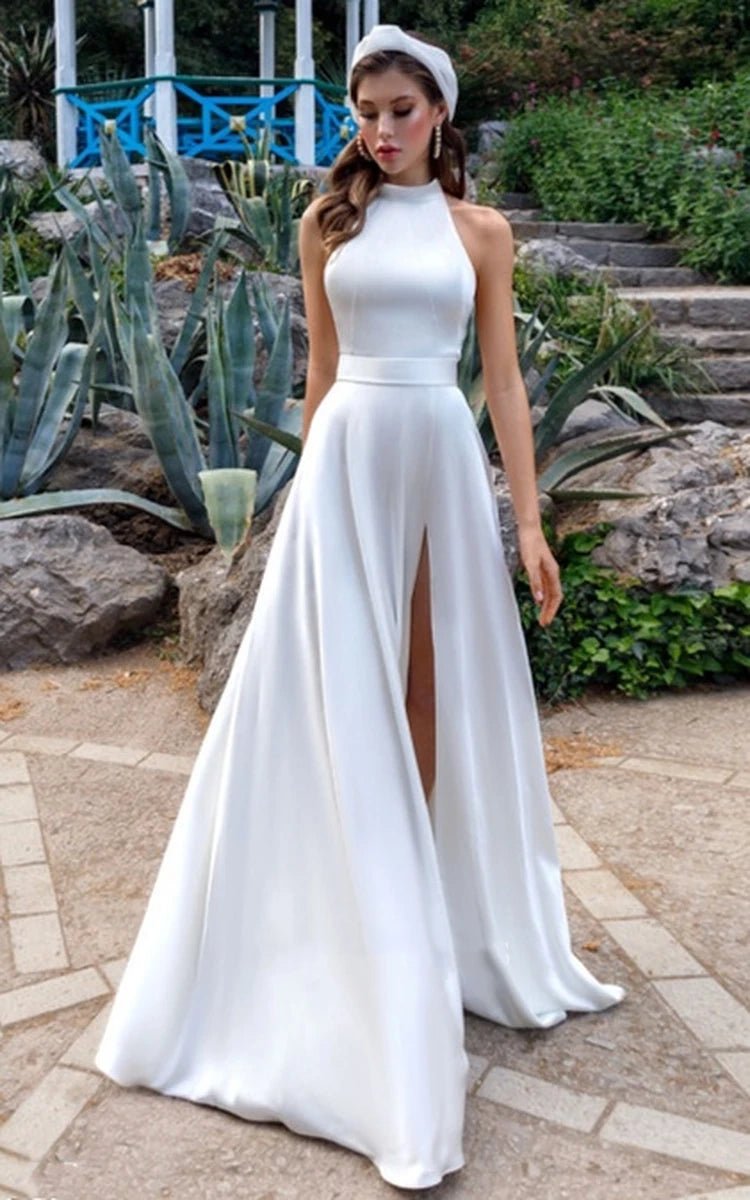 Simple Modest A Line Halter Maxi Wedding Dress KissProm