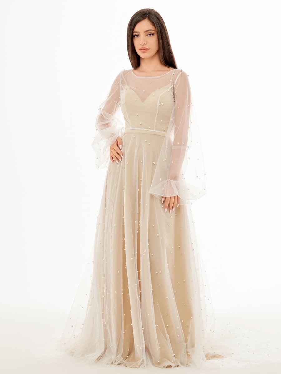 Franceska | Simple Modest A-Line Long Sleeve Tulle Elopement Illusion Wedding Dress with Pearl