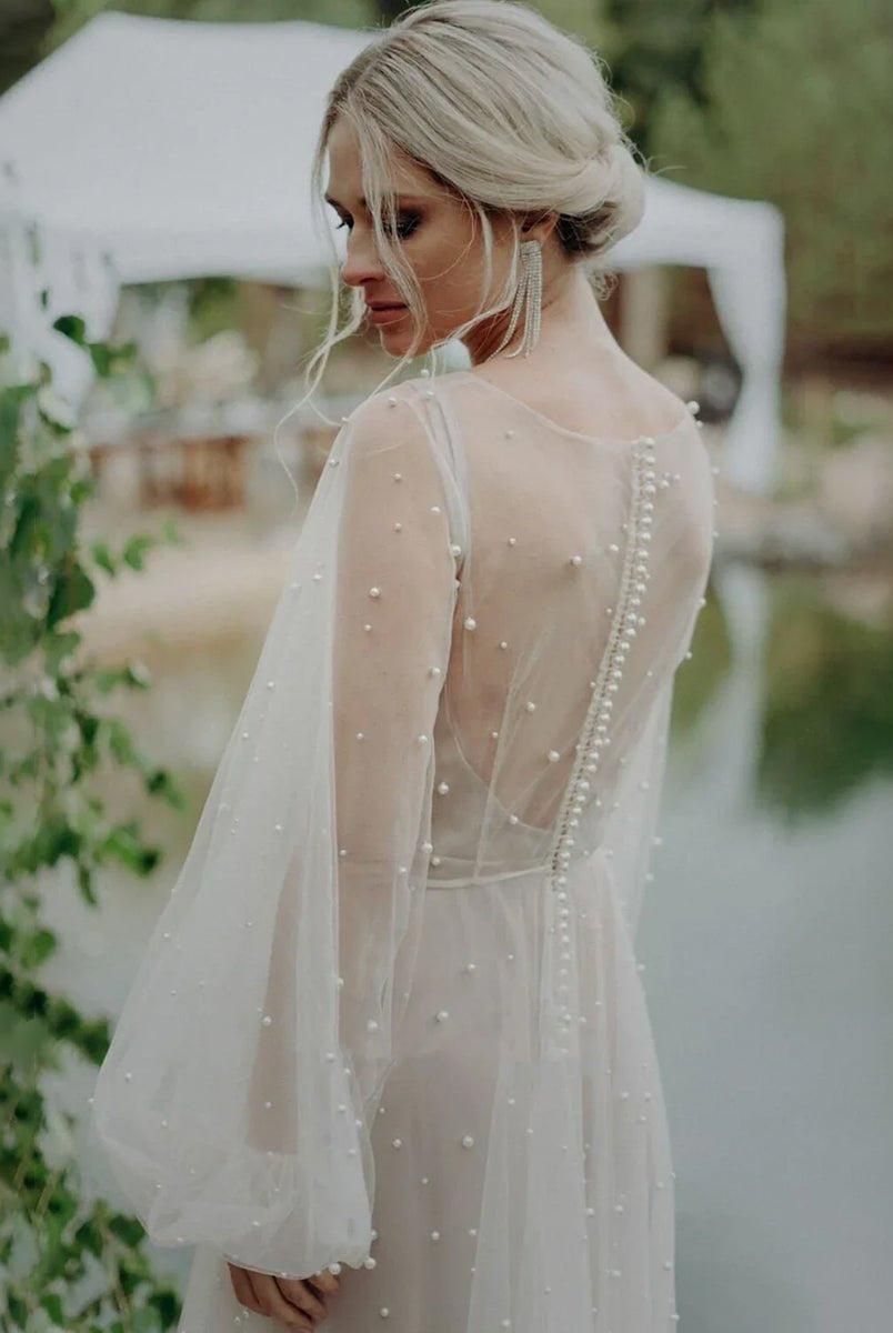 Franceska | Simple Modest A - Line Long Sleeve Tulle Elopement Illusion Wedding Dress with Pearl - KissProm