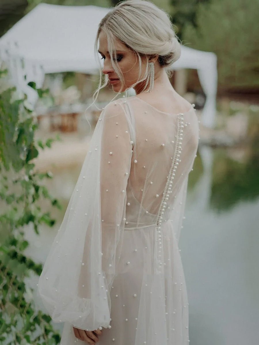 Franceska | Simple Modest A - Line Long Sleeve Tulle Elopement Illusion Wedding Dress with Pearl - KissProm