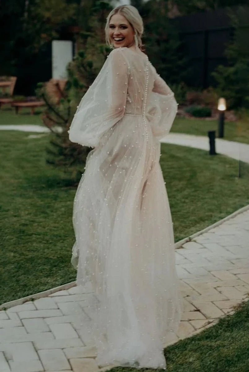 Franceska | Simple Modest A - Line Long Sleeve Tulle Elopement Illusion Wedding Dress with Pearl - KissProm