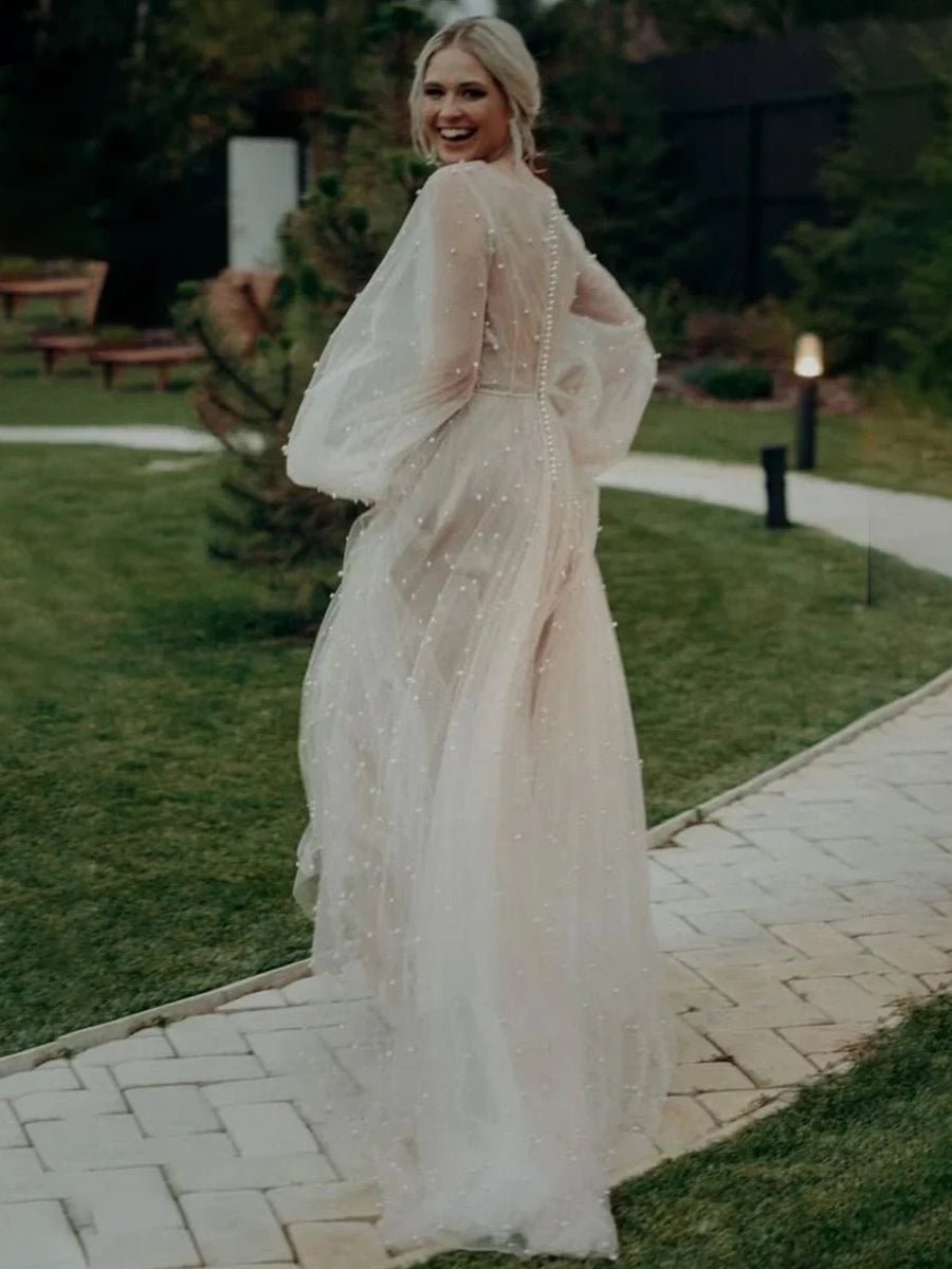 Franceska | Simple Modest A - Line Long Sleeve Tulle Elopement Illusion Wedding Dress with Pearl - KissProm