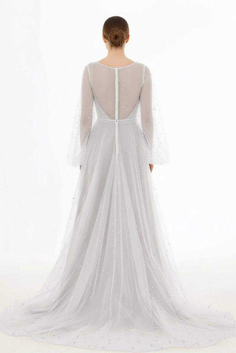 Franceska | Simple Modest A - Line Long Sleeve Tulle Elopement Illusion Wedding Dress with Pearl - KissProm
