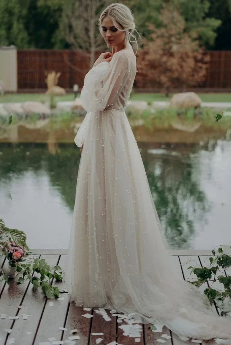 Franceska | Simple Modest A - Line Long Sleeve Tulle Elopement Illusion Wedding Dress with Pearl - KissProm