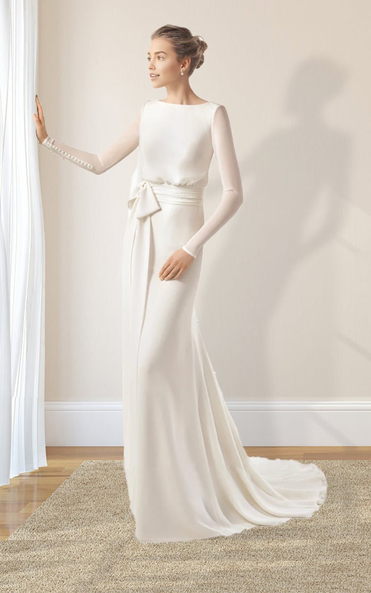 Simple Modest Chiffon Long Sleeve Wedding Dress With Decoratived Buttons and Bow