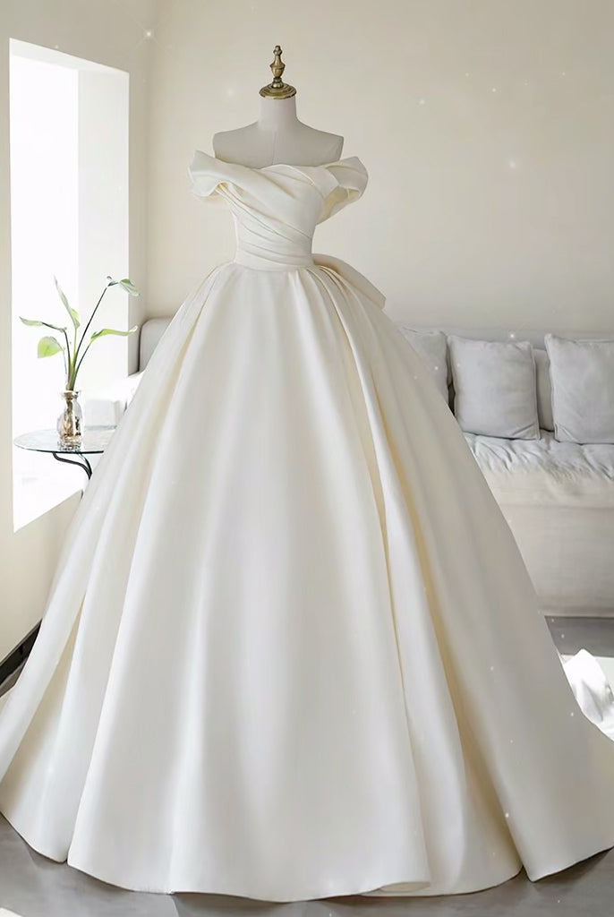 Simple A-line Off The Shoulder Satin ivory Long Wedding Dress