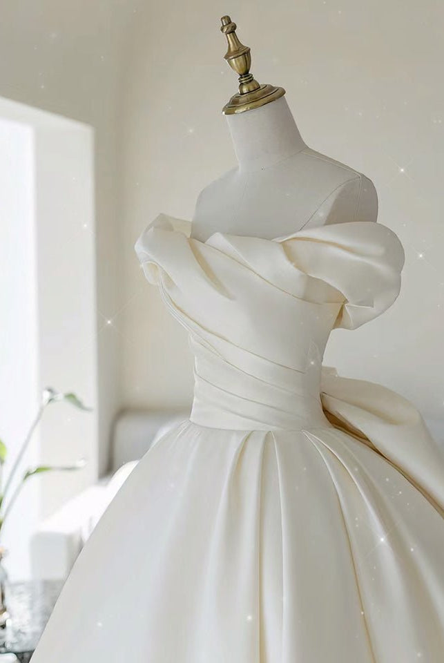 Simple A-line Off The Shoulder Satin ivory Long Wedding Dress