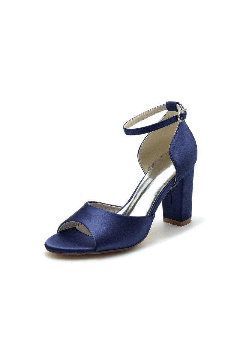 Simple Open Toe Ankle Strap Satin Chunky Heels - KissProm