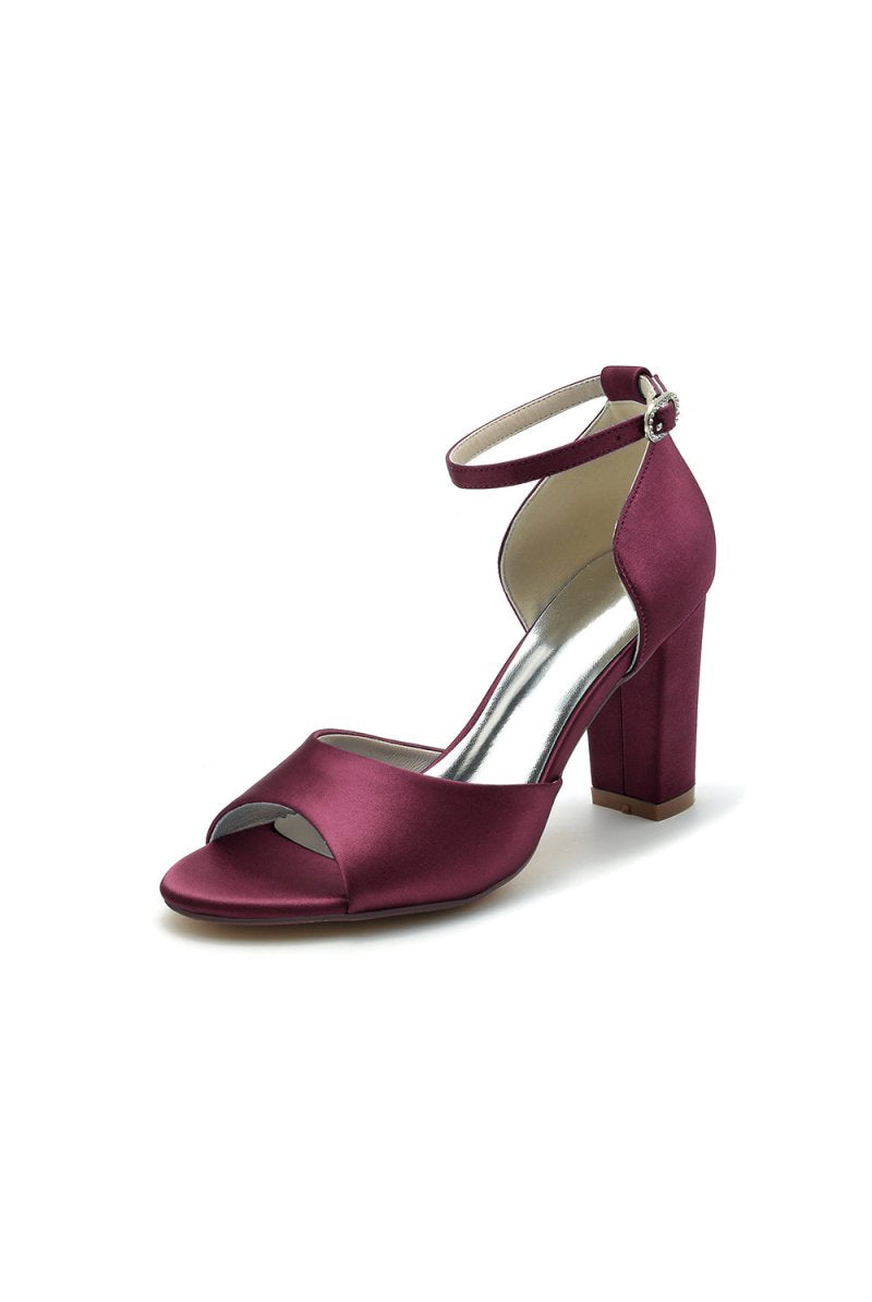 Simple Open Toe Ankle Strap Satin Chunky Heels - KissProm