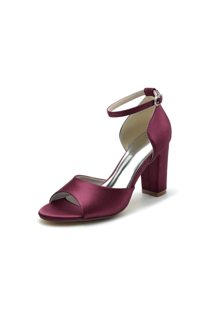 Simple Open Toe Ankle Strap Satin Chunky Heels - KissProm