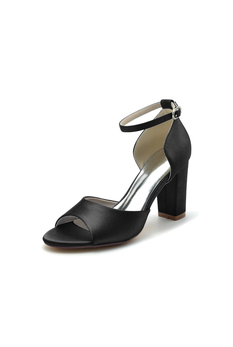 Simple Open Toe Ankle Strap Satin Chunky Heels - KissProm