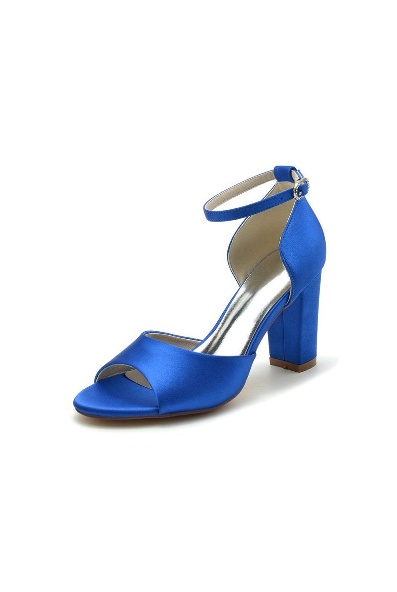 Simple Open Toe Ankle Strap Satin Chunky Heels - KissProm
