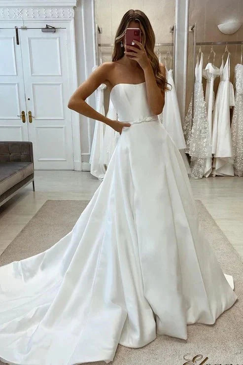 Simple Satin A-Line Sweetheart Strapless Belt with Train Wedding Dress, Diamond White / 6 Simple Satin A-Line Sweetheart Strapless Belt with Train Wedding Dress, Diamond White / 6