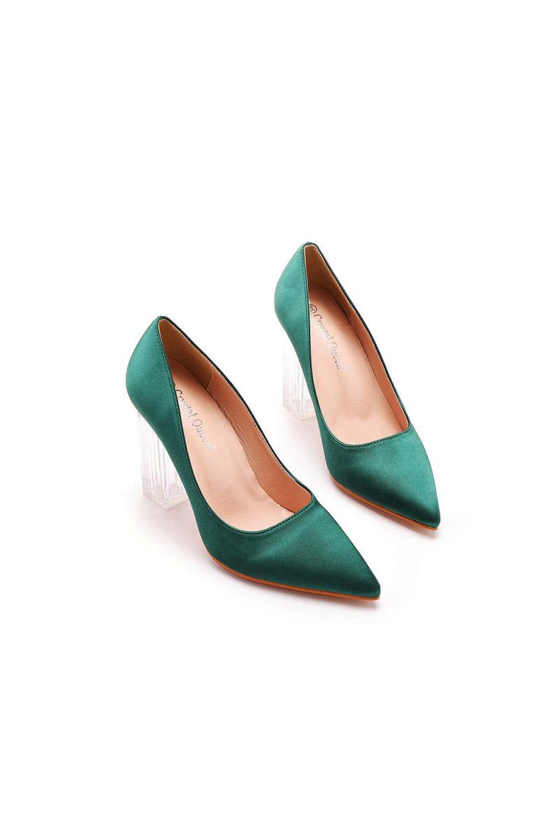 Simple Satin Slip on Pointed Toe Transparent Block Heels - KissProm