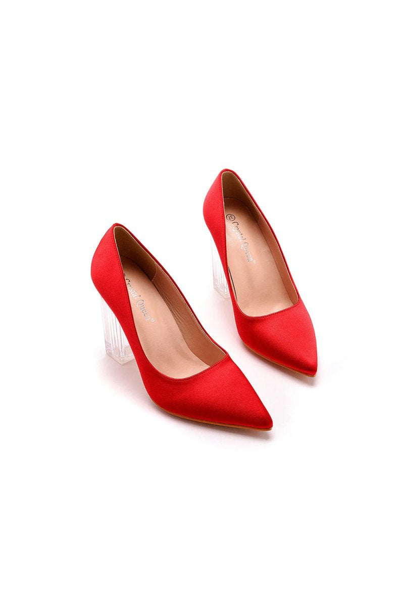 Simple Satin Slip on Pointed Toe Transparent Block Heels - KissProm