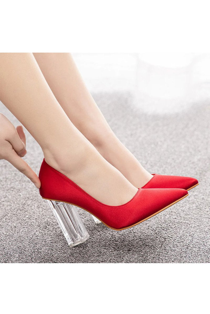 Simple Satin Slip on Pointed Toe Transparent Block Heels - KissProm