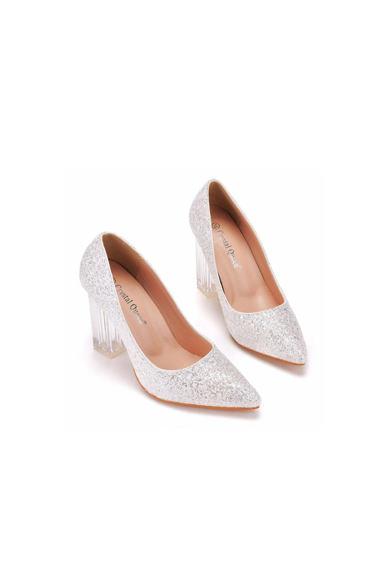 Simple Satin Slip on Pointed Toe Transparent Block Heels - KissProm