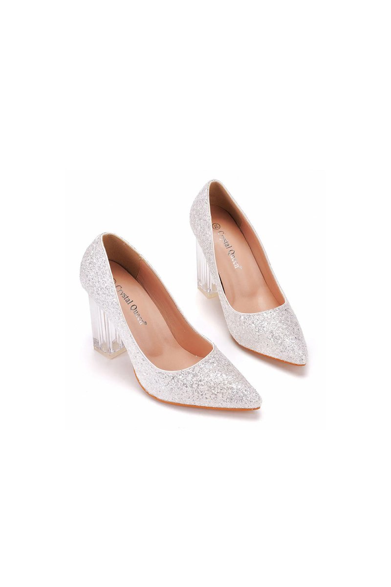 Simple Satin Slip on Pointed Toe Transparent Block Heels - KissProm
