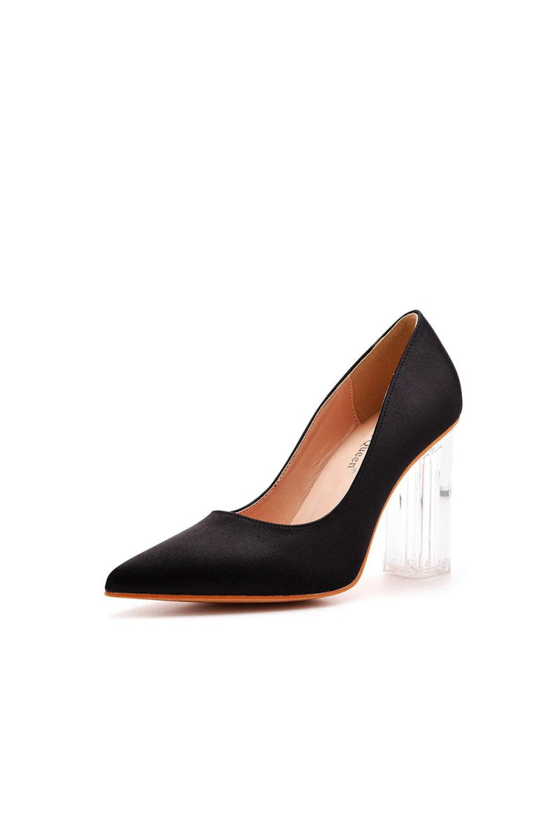 Simple Satin Slip on Pointed Toe Transparent Block Heels - KissProm
