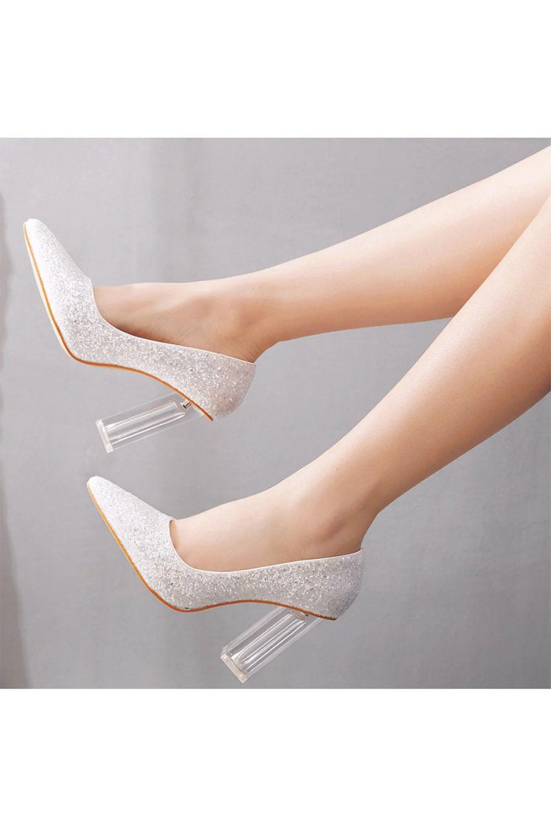 Simple Satin Slip on Pointed Toe Transparent Block Heels - KissProm
