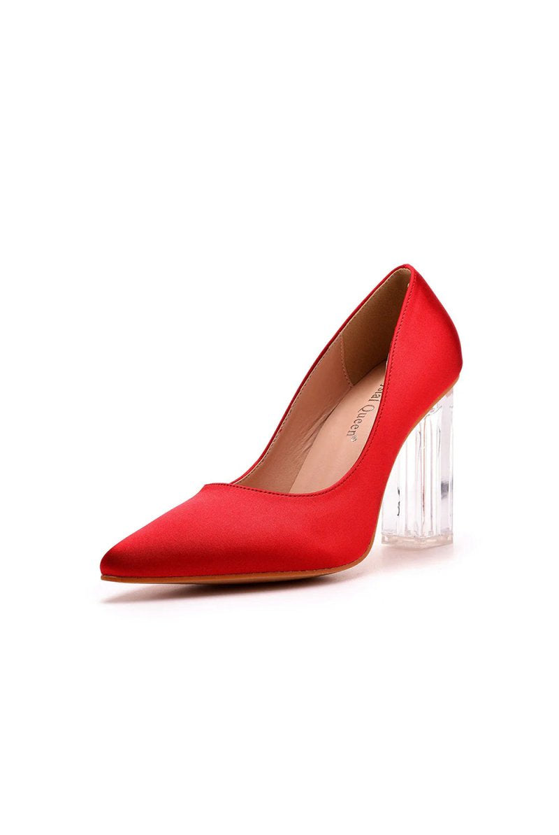 Simple Satin Slip on Pointed Toe Transparent Block Heels - KissProm