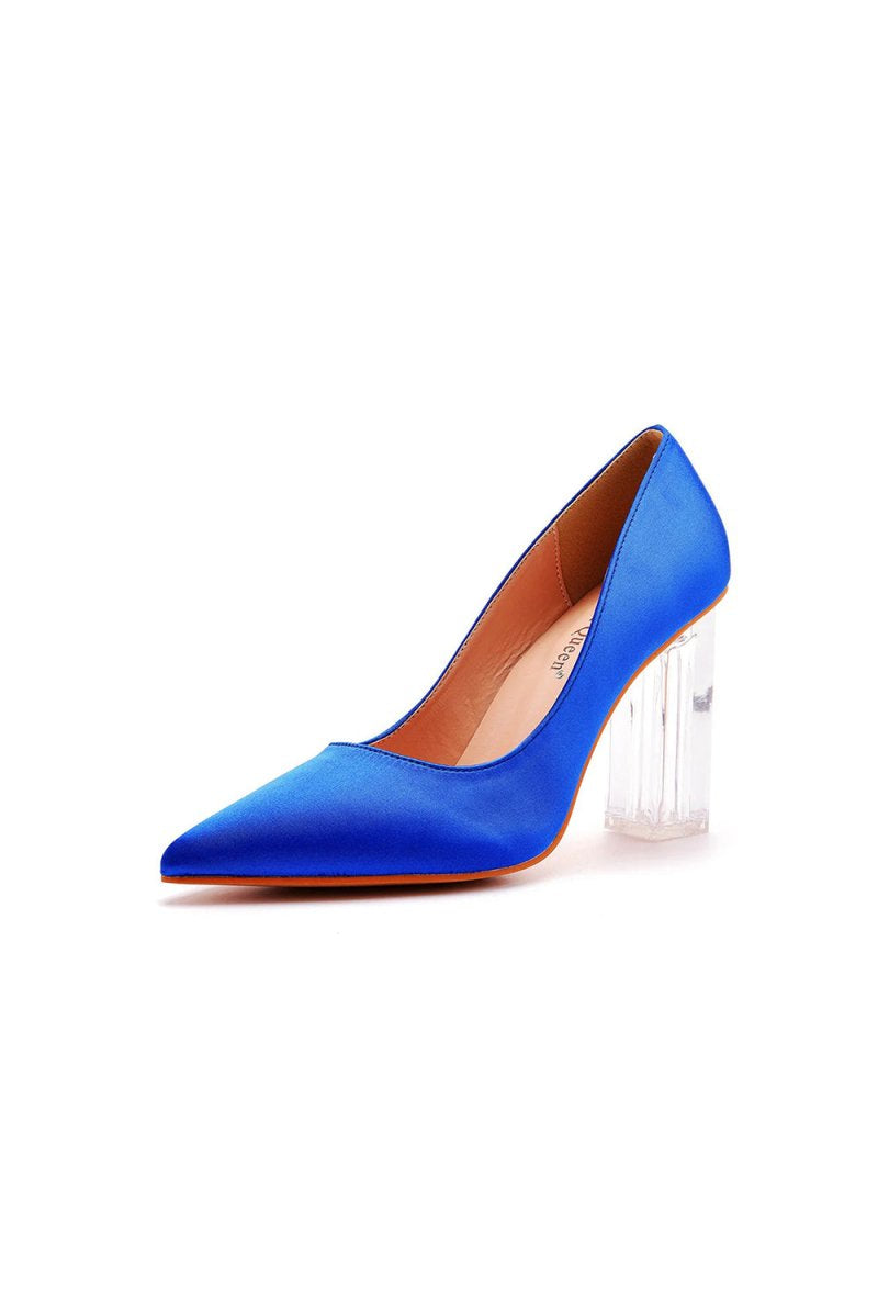 Simple Satin Slip on Pointed Toe Transparent Block Heels - KissProm