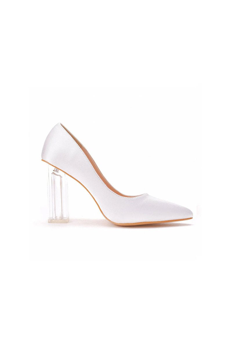Simple Satin Slip on Pointed Toe Transparent Block Heels - KissProm