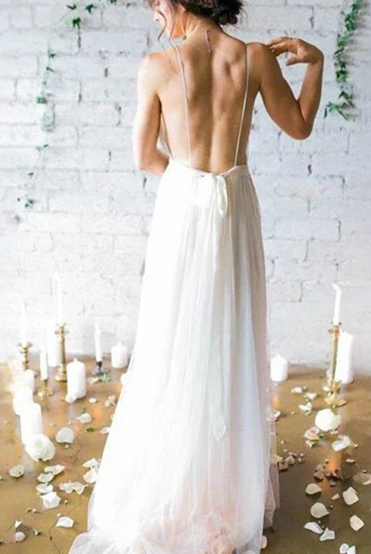 Serafina | A - Line V Neck Straps Spaghetti Sheath Chiffon Wedding Dress - KissProm