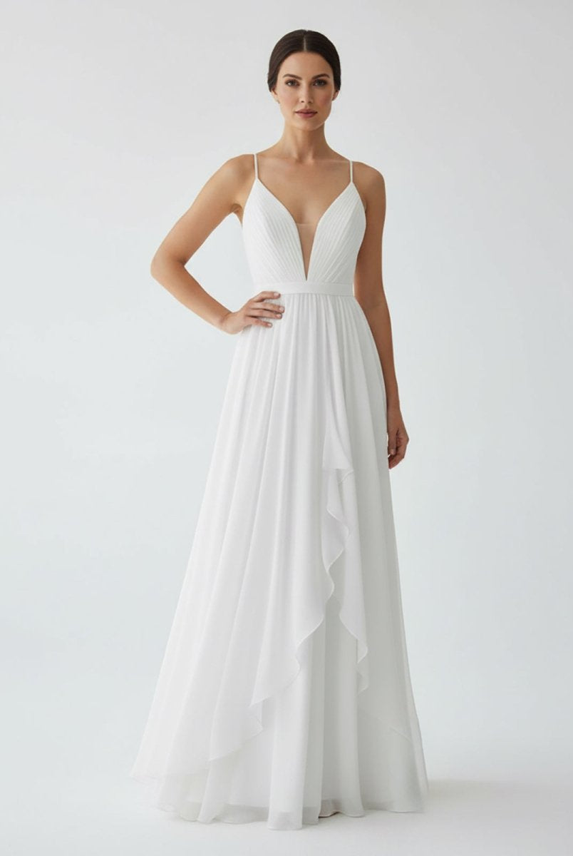 Serafina | A - Line V Neck Straps Spaghetti Sheath Chiffon Wedding Dress - KissProm