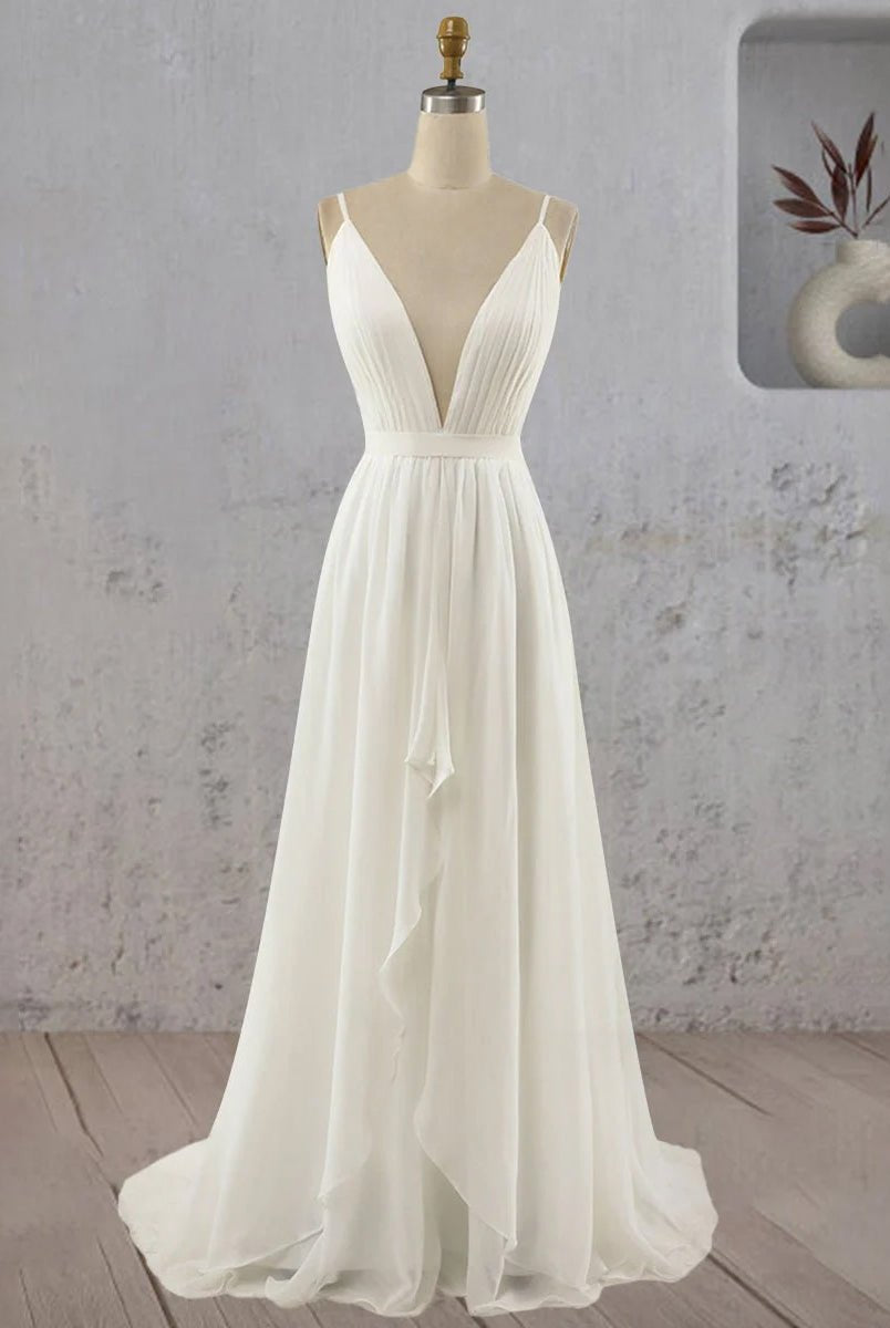 Serafina | A - Line V Neck Straps Spaghetti Sheath Chiffon Wedding Dress - KissProm