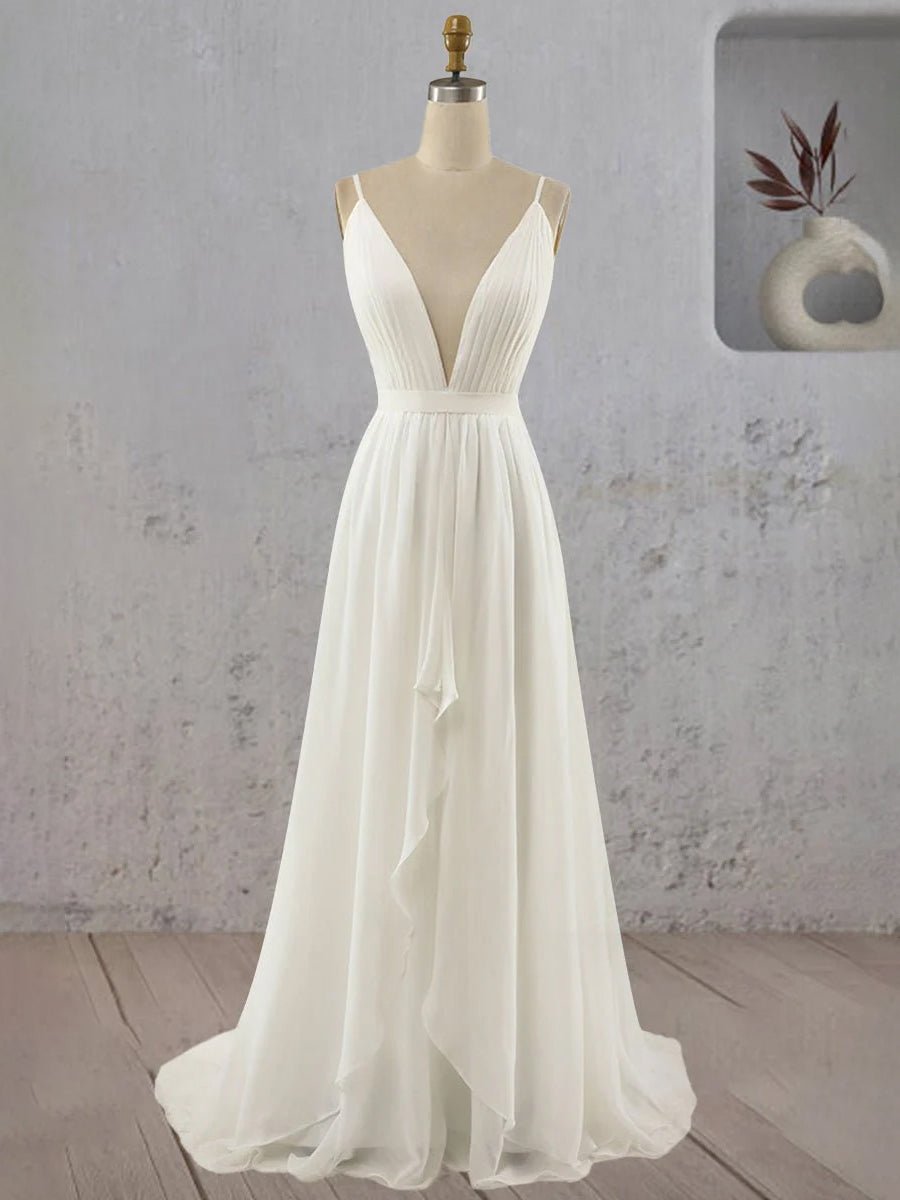 Serafina | A - Line V Neck Straps Spaghetti Sheath Chiffon Wedding Dress - KissProm