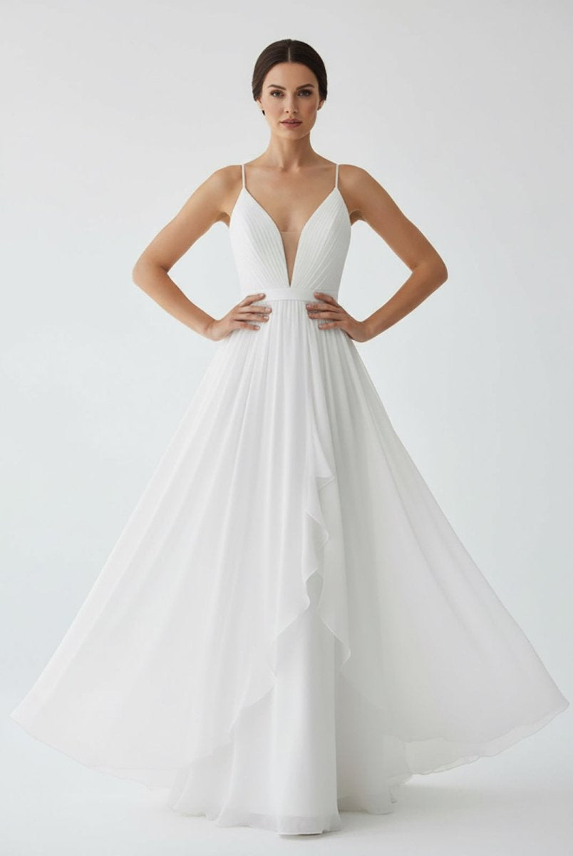 Serafina | A - Line V Neck Straps Spaghetti Sheath Chiffon Wedding Dress - KissProm