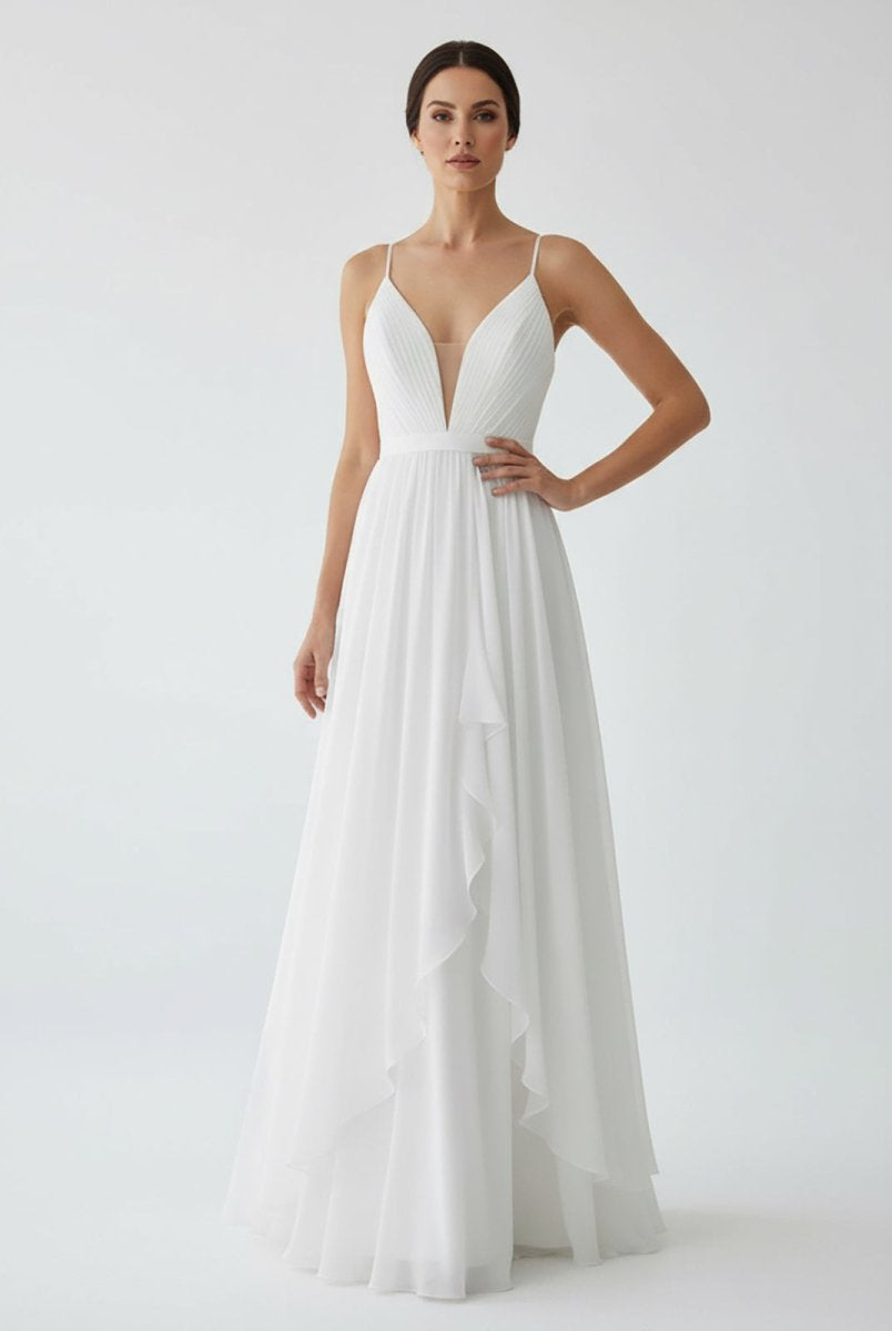 Serafina | A - Line V Neck Straps Spaghetti Sheath Chiffon Wedding Dress - KissProm