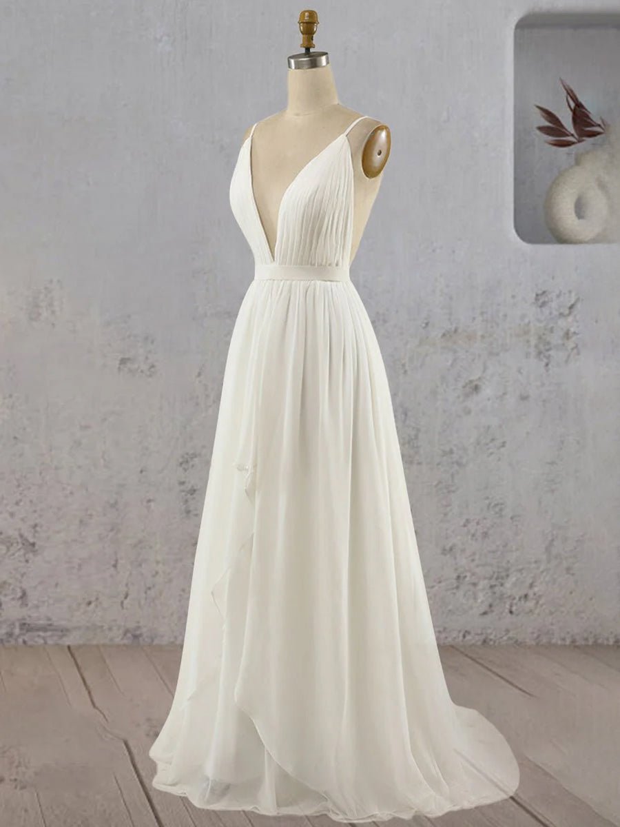 Serafina | A - Line V Neck Straps Spaghetti Sheath Chiffon Wedding Dress - KissProm