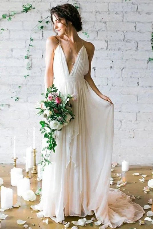 Serafina | A - Line V Neck Straps Spaghetti Sheath Chiffon Wedding Dress - KissProm
