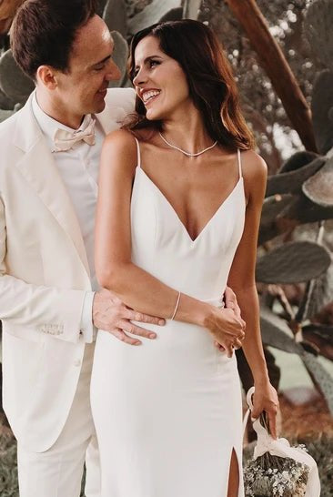 Simple Mermaid Satin Wedding Dress With Split Front And Deep-V Back