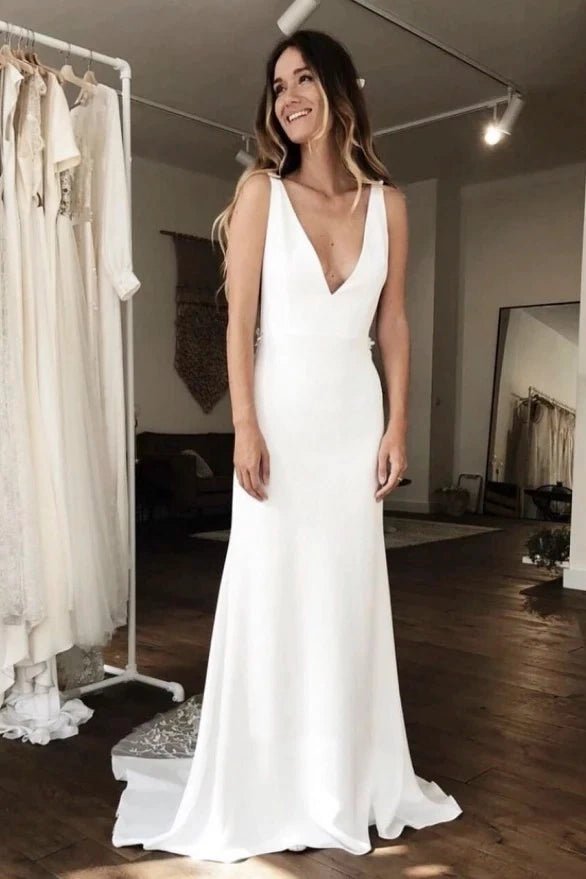 Lawren | Simple Sleeveless Plunging Satin Wedding Dress With Illusion Deep V-back And Lace