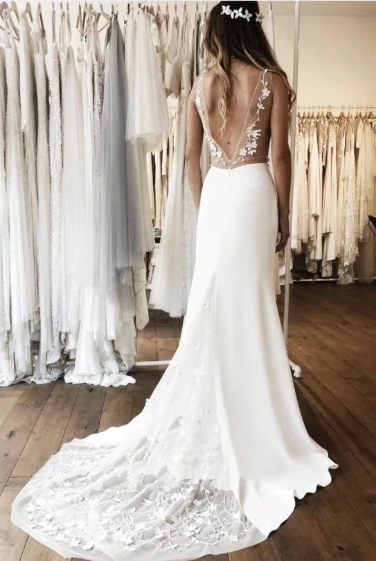 Lawren | Simple Sleeveless Plunging Satin Wedding Dress With Illusion Deep V-back And Lace