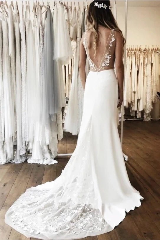 Lawren | Simple Sleeveless Plunging Satin Wedding Dress With Illusion Deep V-back And Lace